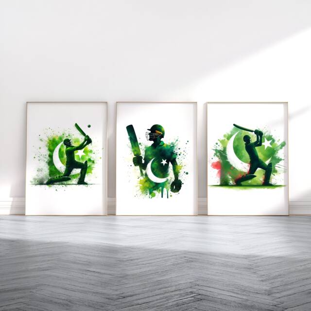 Cricket Poster Set - Pakistan Flag Watercolour Prints - Wall Art Gift For Cricketer Artwork Boys Room - image 1