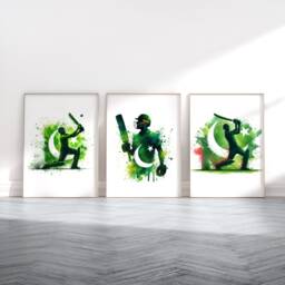 Cricket Poster Set - Pakistan Flag Watercolour Prints - Wall Art Gift For Cricketer Artwork Boys Room - thumbnail 1