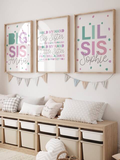 Set Of 3 Nursery Prints, Sisters Make The Best Friends Bedroom, Decor, Personalised Rainbow Print, Siblings Wall Art - image 1