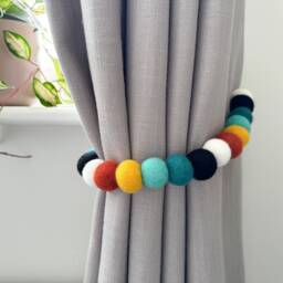 Mexican Fiesta Felt Ball Curtain Tie Backs - Pom Hold Custom Ties Nursery Decor Baby Gift Colourful Pull - thumbnail 1