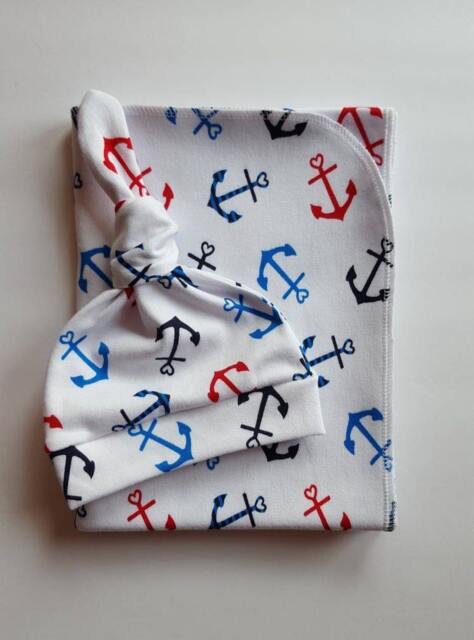 Nautical Swaddle Blanket & Newborn Hat Set. Take Home Boy Anchor Baby Shower Gift. Photo Prop - image 1