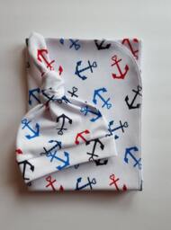 Nautical Swaddle Blanket & Newborn Hat Set. Take Home Boy Anchor Baby Shower Gift. Photo Prop - thumbnail 1