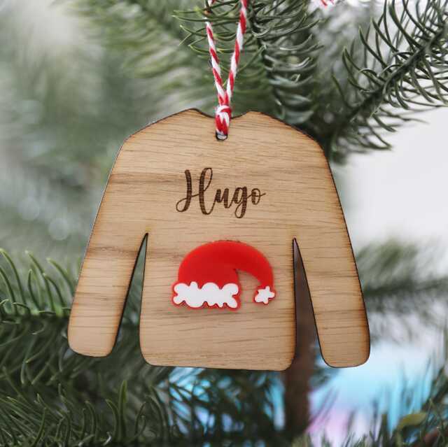 Personalised Oak Wood Christmas Jumper Ornament Engraved Elf/Santa Hat Decoration - image 1
