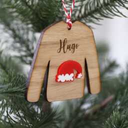 Personalised Oak Wood Christmas Jumper Ornament Engraved Elf/Santa Hat Decoration - thumbnail 2