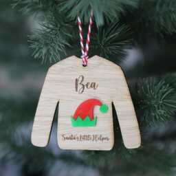 Personalised Oak Wood Christmas Jumper Ornament Engraved Elf/Santa Hat Decoration - thumbnail 4