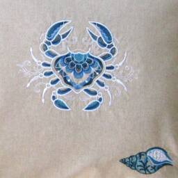 Coastal Cushion Cover, Teal, Blue, Turquoise & White Embroidered Crab Shell Linen Throw Pillow Home Decor - thumbnail 3