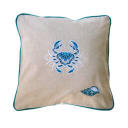 Coastal Cushion Cover, Teal, Blue, Turquoise & White Embroidered Crab Shell Linen Throw Pillow Home Decor