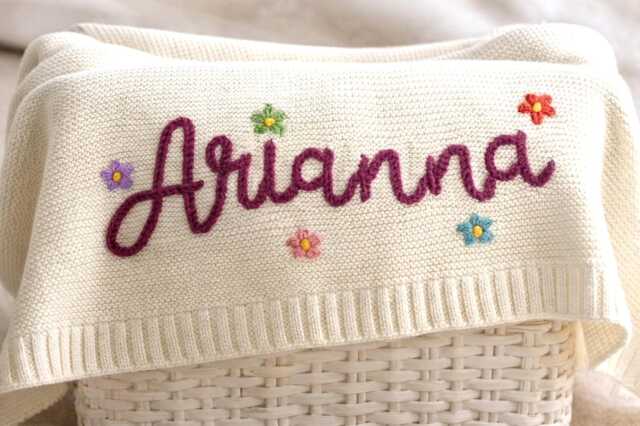 Personalized Baby Name Blanket - Hand Embroidered Cotton Knit Throw Neutral Nursery Keepsake Gift - image 1