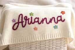 Personalized Baby Name Blanket - Hand Embroidered Cotton Knit Throw Neutral Nursery Keepsake Gift