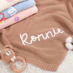 Personalized Baby Name Blanket - Hand Embroidered Cotton Knit Throw Neutral Nursery Keepsake Gift - thumbnail 2