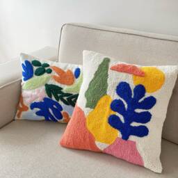 Hand Tufted Punch Needle Pillow Cover Set, Art Deco Embroidered Cushion Cover, Bohemian Floral Home Decor Rug, Handmade Gift For Friend - thumbnail 3