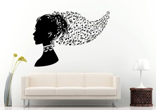 Beautiful Girl Woman Head Music Notes Hair Style Wall Decal Vinyl Sticker Mural Room Decor L721 - image 1