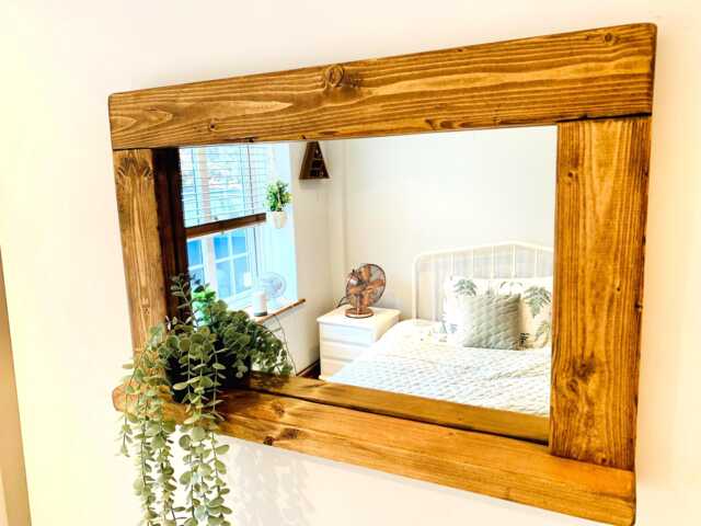 Handmade Rustic Wooden Mirror With Shelf - English Oak Wax Finish Wall - image 1