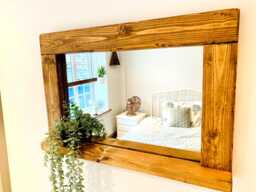 Handmade Rustic Wooden Mirror With Shelf - English Oak Wax Finish Wall - thumbnail 1