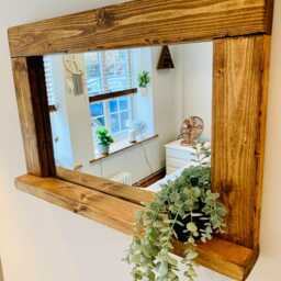 Handmade Rustic Wooden Mirror With Shelf - English Oak Wax Finish Wall - thumbnail 3