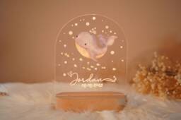 Personalized Whale Night Light Carved Wood Base, Acrylic Baby Lamp