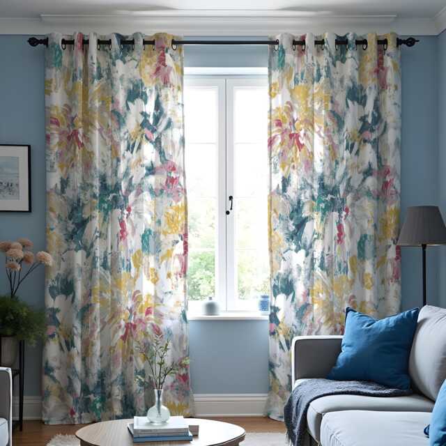 Abstract Watercolor Curtains, Modern Artistic Floral Drapes in Blue, Pink & Yellow, Made To Measure Window Panels, Rod Pocket Curtains - image 1