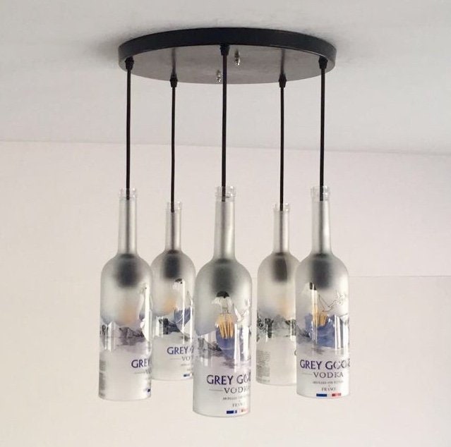 Grey Gose Vodka Bottle Industrial Light Fixture - Chandelier Ceiling Lamp Made From 5 Bottles For Home & Bar Lighting - image 1