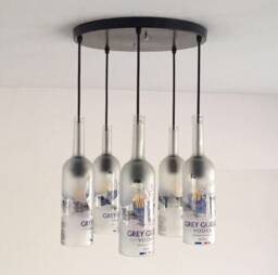 Grey Gose Vodka Bottle Industrial Light Fixture - Chandelier Ceiling Lamp Made From 5 Bottles For Home & Bar Lighting