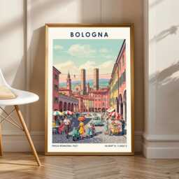 Vintage Bologna Street Scene Print Retro Italian Travel Poster - thumbnail 1