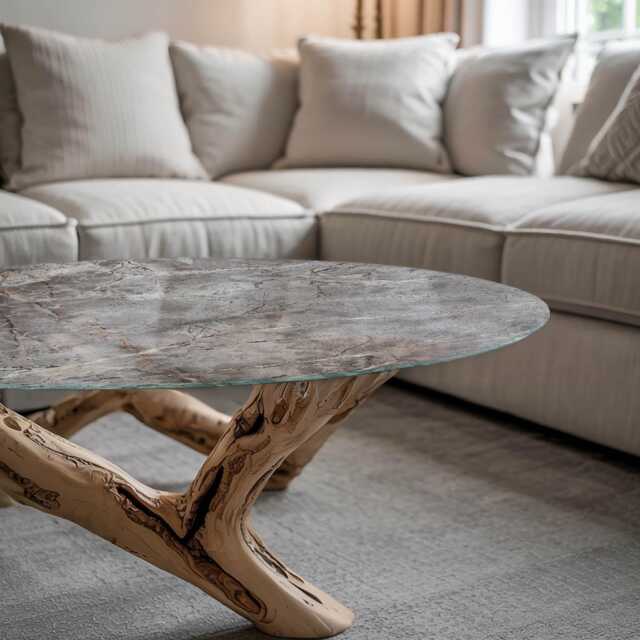 Natural Marble Pattern Glass Table Top, Gray Durable Tempered Tabletop, Round Cover - image 1