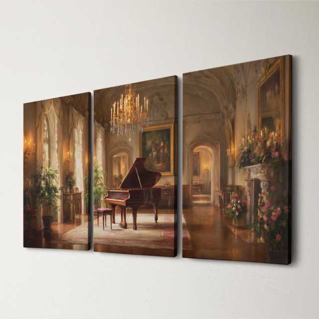 Grand Piano Recital 3 Panel Split Canvas Wall Art Romantic Elegant Candlelit Salon Classical Music Oil Painting Framed Home Decor - image 1