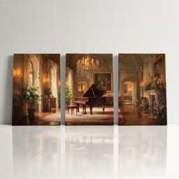 Grand Piano Recital 3 Panel Split Canvas Wall Art Romantic Elegant Candlelit Salon Classical Music Oil Painting Framed Home Decor - thumbnail 3