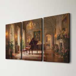 Grand Piano Recital 3 Panel Split Canvas Wall Art Romantic Elegant Candlelit Salon Classical Music Oil Painting Framed Home Decor - thumbnail 1