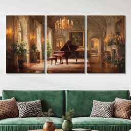 Grand Piano Recital 3 Panel Split Canvas Wall Art Romantic Elegant Candlelit Salon Classical Music Oil Painting Framed Home Decor - thumbnail 2