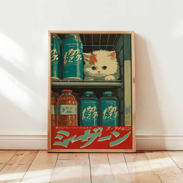 Japanese Cat Poster, Retro Anime Kitten Art, Vintage Pop Culture Decor - image 1