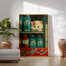Japanese Cat Poster, Retro Anime Kitten Art, Vintage Pop Culture Decor - thumbnail 3