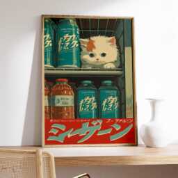 Japanese Cat Poster, Retro Anime Kitten Art, Vintage Pop Culture Decor - thumbnail 2