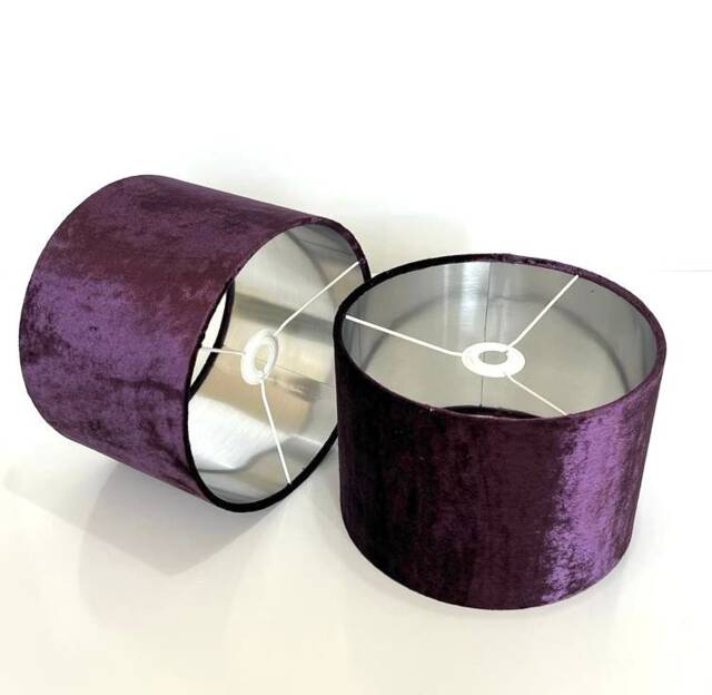 New Luxury Velvet Ultra Shine Two Tone Aubergine Double Shaded Lamp Shade & Pendant Light With Metallic Panels Lining - image 1