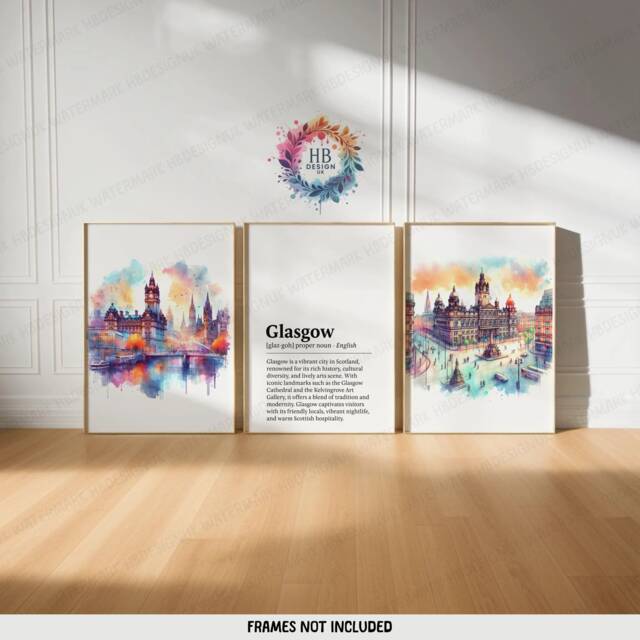Glasgow Poster Prints - Set Of 3 Posters - Scotland Travel Wall Art UK Home Decor Artwork Gifts Watercolour Painting Design Print - image 1