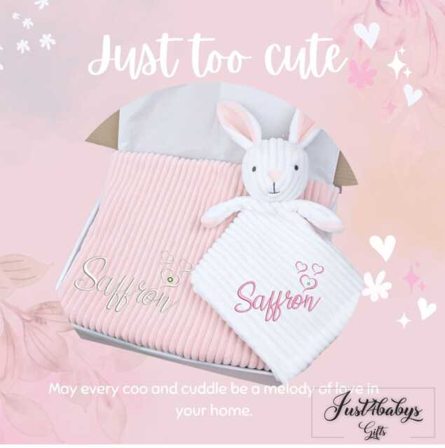 Personalised Embroidered Blanket + Rabbit Comforter 3 Hearts Gift Set - Baby Girl Boy I Shower Newborn Coming Home Baby's 1st Gift - image 1