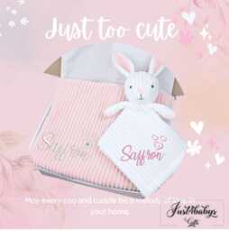 Personalised Embroidered Blanket + Rabbit Comforter 3 Hearts Gift Set - Baby Girl Boy I Shower Newborn Coming Home Baby's 1st Gift - thumbnail 1