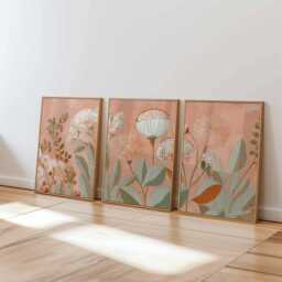 Beige & Terracotta Floral Print Set, Modern Botanical Wall Art