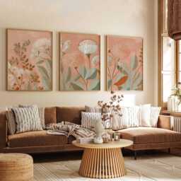 Neutral Floral Wall Art Prints Set Of 3, Modern Botanical Posters, Beige & Terracotta Flower Artwork For Living Room Or Bedroom Decor - thumbnail 3