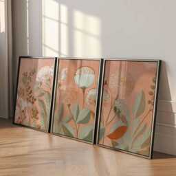 Neutral Floral Wall Art Prints Set Of 3, Modern Botanical Posters, Beige & Terracotta Flower Artwork For Living Room Or Bedroom Decor - thumbnail 2