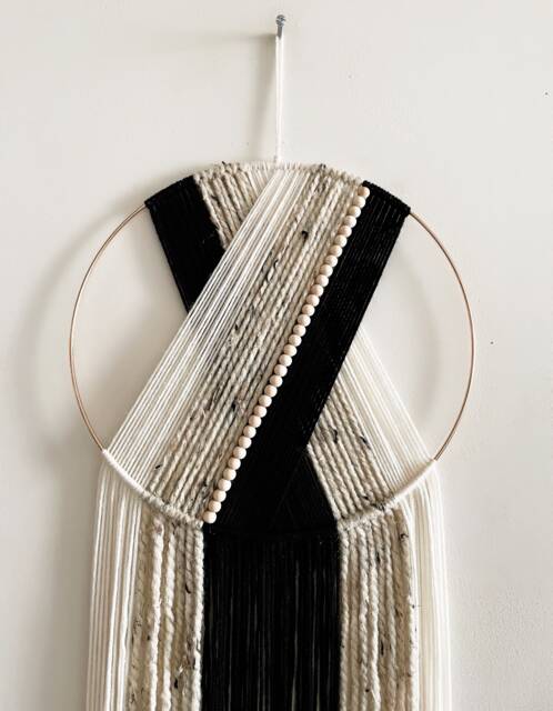 Black Beige & White Yarn Hoop Wall Hanging/Macrame Dorm Nursery Decor - image 1