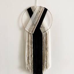 Black Beige & White Yarn Hoop Wall Hanging/Macrame Dorm Nursery Decor - thumbnail 2