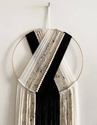 Black Beige & White Yarn Hoop Wall Hanging/Macrame Dorm Nursery Decor - thumbnail 1