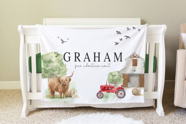 Farm Blanket, Personalized Baby Gift, Toddler Nursery Decor, Birthday Farmhouse Theme Adventures Await - image 1