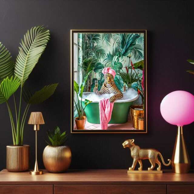 Leopard in Bathtub Print Glam Jungle Bathroom Wall Art - image 1