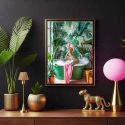 Leopard in Bathtub Print Glam Jungle Bathroom Wall Art - thumbnail 1
