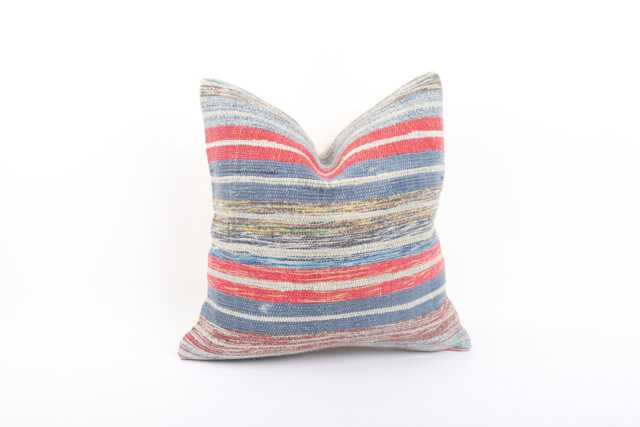 Vintage Turkish Kilim Pillow Cover Handwoven Wool Cushion - 16x16 - image 1