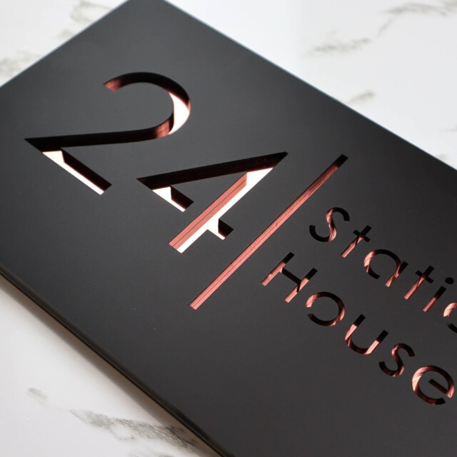 K Smart Sign - Bellissima H2 Laser Cut Matt Black & Rose Gold Mirror Floating House 300mm X 160mm - image 1