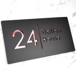 K Smart Sign - Bellissima H2 Laser Cut Matt Black & Rose Gold Mirror Floating House 300mm X 160mm - thumbnail 2