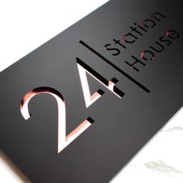 K Smart Sign - Bellissima H2 Laser Cut Matt Black & Rose Gold Mirror Floating House 300mm X 160mm - thumbnail 3