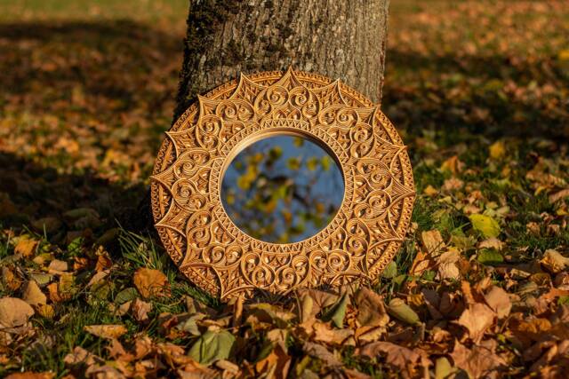Ornate Mandala Mirror Wood Rustic Boho Decor, Spiritual Wall Art - image 1